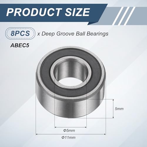 uxcell 8Pcs 685 2RS 5mmx11mmx5mm Deep Groove Ball Bearings, Double Rubber Shielded Bearing Steel ABEC5 High Performance for Industrial Machinery Precision Transmission, Black - size: 685 2RS 5mmx11mmx5mm