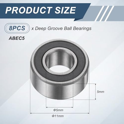 uxcell 8Pcs 685 2RS 5mmx11mmx5mm Deep Groove Ball Bearings, Double Rubber Shielded Bearing Steel ABEC5 High Performance for Industrial Machinery Precision Transmission, Black - size: 685 2RS 5mmx11mmx5mm