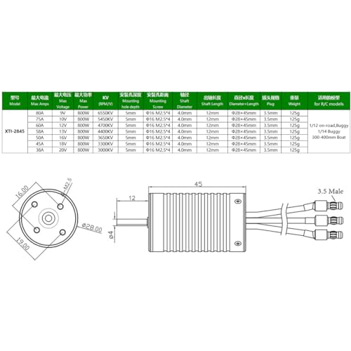 2845 3300KV Brushless Motor Shaft Diameter 4MM Connector 3.5MM for 1/12 1/14 Scale On-Road Buggy Monster RC Car