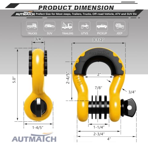 AUTMATCH 3/4" D Ring Shackles (2-Pack) - 41,887 lbs Break Strength | Heavy Duty Clevis Shackle with 7/8" Pin & Isolator Washer Kit for Tow Strap, Winch, Towing & Off-Road Vehicle Recovery,Yellow - color: Yellow & Black