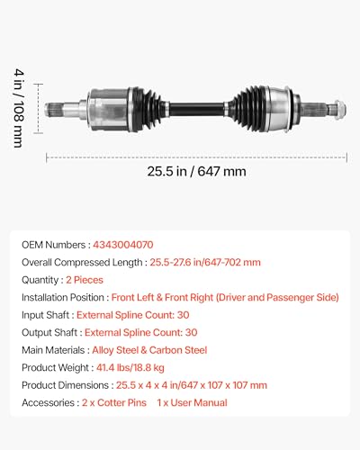 VEVOR CV Axle Shaft Assembly, 2 Pieces Front Left & Right (Driver and Passenger Side), Automotive Replacement CV Joint Axles Pair Compatible with 2003-2022 Toyota 4Runner, Alloy Steel & Carbon Steel - size: 2003-2022 Toyota 4Runner, style: Front Driver an