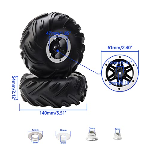 4-Pack RC 2.2" Tires & 12mm Wheel Rims, Silver | Inflatable OD 140mm, Mud Badland Tractor Tread Tyres, Lock Nuts, 1/10 Rock Crawler Monster Truck, Traxxas Maxx Axial RC4WD - color: Silver