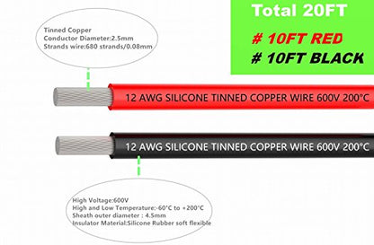 TUOFENG 12 AWG Silicone Wire - Flexible Tinned Copper, Red/Black 20ft - size: 12 AWG 2 colors wire 10ft