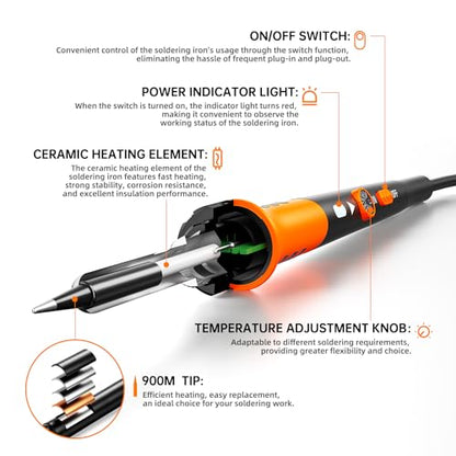Soldering Iron Premium Kit, 60W Soldering Gun with Ceramic Heater, 12-in-1 Soldering Tool, Adjustable Temperature 200 to 450°C, Includes Soldering Iron Tip, Solder Wire, Pump and Paste - color: ‎orange