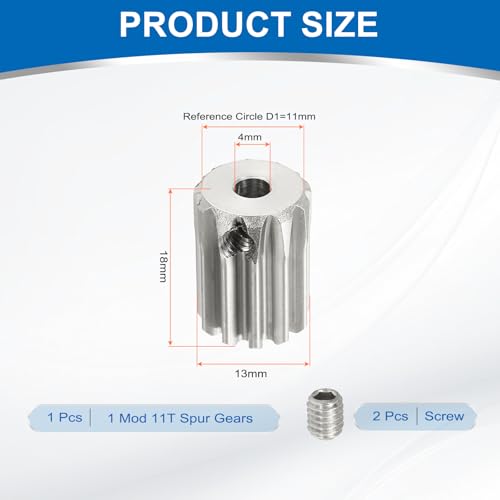 uxcell 1 Mod 11T Spur Gear 4mm Bore, 304 Stainless Steel Pinion Gear, 20°Pressure Angle, for Spur Rack and RC Model Car or Motor DIY - size: 1 Mod 11T, 4mm