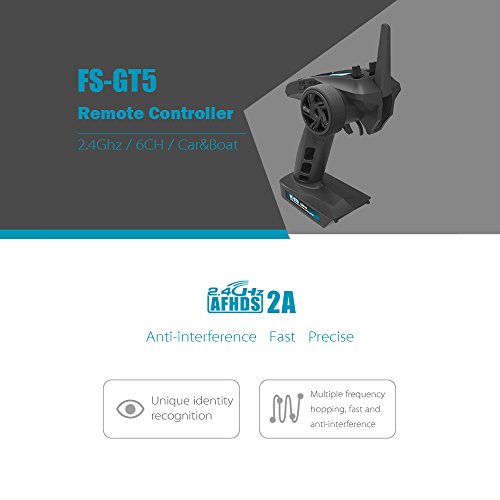 Flysky FS-GT5 RC Transmitter W/FS-BS6 Receiver, 2.4Ghz 6CH AFHDS2A System Radio Control for RC Car Boat [F.Safe Out of Control Protect, ABS Setting, 20-Model Memory TX]