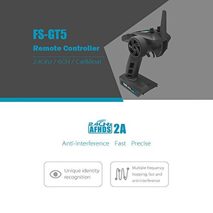 Flysky FS-GT5 6CH AFHDS RC Transmitter with FS-BS6 Receiver | AFHDS 2A, ABS Brake, F.SAFE Fail-safe, CRAWL & SVC Modes, 20‑Model Memory, Gyro Stability, 6CH output, for Car/Boat