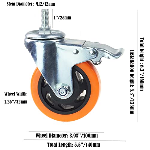 Heavy Duty Swivel Wheels, 3 Inch Yellow PVC Casters with Metric Stem M12-1.75x25mm Double Brakes Castors Safety Wheels up to 1200 Lbs/Set for Industry and Furniture Set of 4 - style: 4 Inch with Brake