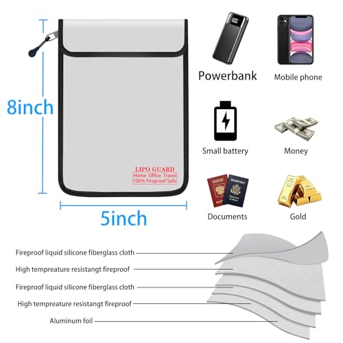 5"x8" Fireproof Lipo Safe Bag with Fireproof Zipper Fireproof Edge wrapping Fireproof wire,Home Office Travel Safe Storage for Cash Valuables Passport Power bank Lipo Battery(13 * 20cm Silver) - size: 13*20cm Silver