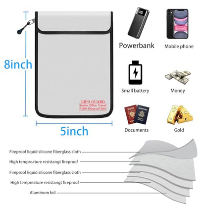 5"x8" Fireproof Lipo Safe Bag with Fireproof Zipper Fireproof Edge wrapping Fireproof wire,Home Office Travel Safe Storage for Cash Valuables Passport Power bank Lipo Battery(13 * 20cm Silver) - size: 13*20cm Silver