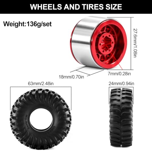 1.0" Beadlock Wheels and Tires for 1/24 Axial SCX24, 1/18 TRX4M RC Crawler (Red 357) - color: Red 357
