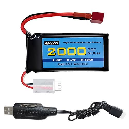 7.4V 2000mAh 35C 2S Lipo Battery with T-Plug and USB Charging Cable for 300E 9200E 9201E 9206E M416 H16PL 903A HP162S HM124 RC Car, RC Ship Drone Battery