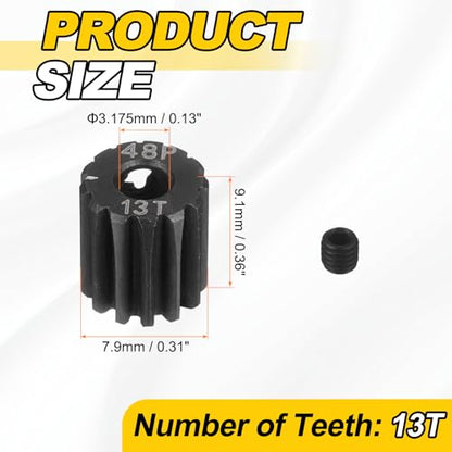 MECCANIXITY 48P Hardened Steel Pinion Gear, 13T 3.175mm Shaft Metal Motor Gear with Hex Key for RC Brushless Brush Motor Model Car Replace(Black) - size: 13T