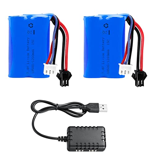 H101 RC Boat Battery 7.4V 1200mAh Li-ion Battery SM2P Plug with 1 to 2 USB Charger Compatible with Most RC Boat RC Cars Trucks Rechargeable Batteries 2PACK