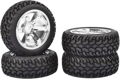 4PCS 75mm Rubber Tires and 6Spokes Plastic Wheel Rims Tyre for 1/10 RC On-Road Drift Racing Car 1:14 1:16 Rally Car for Tamiya Kyosho HPI HSP TT02 Upgrades Parts (Silver) - color: Silver