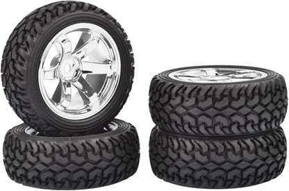 4PCS 75mm Rubber Tires and 6Spokes Plastic Wheel Rims Tyre for 1/10 RC On-Road Drift Racing Car 1:14 1:16 Rally Car for Tamiya Kyosho HPI HSP TT02 Upgrades Parts (Silver) - color: Silver
