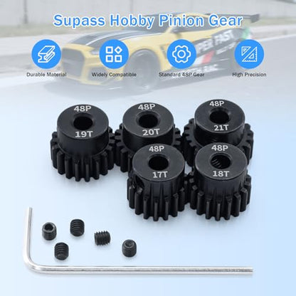 5pcs 48P Pinion Gear 17T 18T 19T 20T 21T 3.175mm Shaft Pinion Gears with Hex Key Set for Traxxas Arrma HSP HPI AXIAL Tamiya Losi 1/10 RC Car Brushless Motor - size: 17T 18T 19T 20T 21T