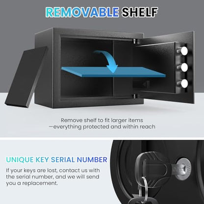 9.84'' Tall Small Safe Box, Home Safes with Removable Shelf | Fireproof Bag, Keys & Pass Code,Mini Fireproof Security Safe with Smart Alert and Wall Mount Kits for Money,Jewelry,Documents - size: 0.9 Cubic Feet
