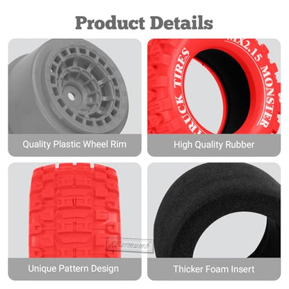 100 * 52MM 1/16 RC Monster Truck Tires 12mm Hex Adapters All-Terrain Traction Tires fit for Mini Maxx/Mini XRT, MJX 16207/16208/16209/16210,HSP 94186,E-Revo,L0S1,1/18 Mini LMT,Red&Grey - color: Red&Grey(4pcs)