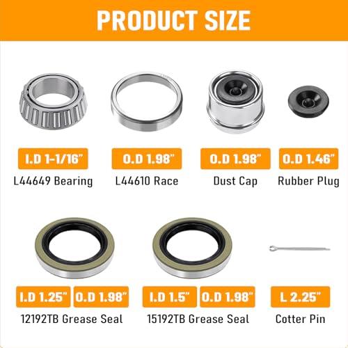 2 Sets Trailer Wheel Bearing Kits L44649 L44610 for 2000-2200 lb Axles | Includes L44649/L44610 Bearings, 12192TB & 15192TB Double Lip Grease Seals, Fits 1-1/16" Straight Spindles and 5-Lug Hubs - size: L44649 L44610-Set of 2
