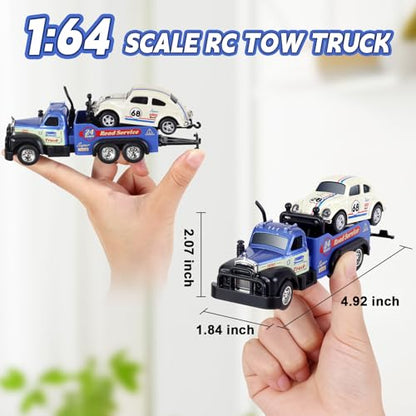 haomsj Mini Rc Tow Truck Toy with Mini Metal Car Set 2PCS,City Service Vehicle Remote Control Tow Truck Toys for Kids Boys Gifts 3-5 4-7 8-12 Years Old, 1:64 Scale Cars Trailer Toy with Light(Blue) - color: Blue
