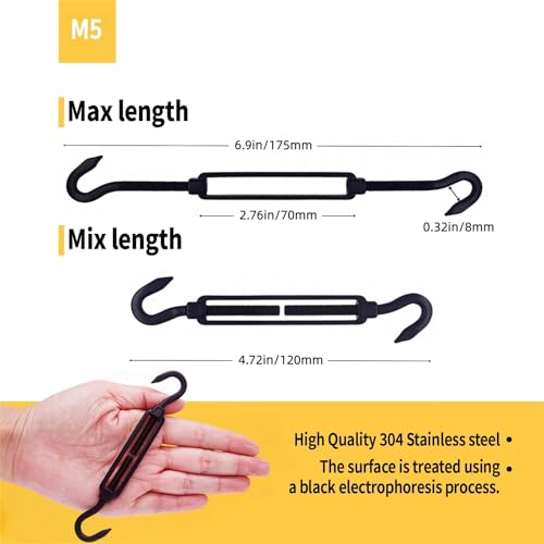 10 Pack Black 304 Stainless Steel M5 Hook and Hook Turnbuckle, Heavy Duty Wire Rope Tensioner, Adjustable Hardware Kit for DIY String Light Hanging, Shade Sail, Clothesline & Picture Hanging - color: Hook and Hook, size: M5-10 Pcs