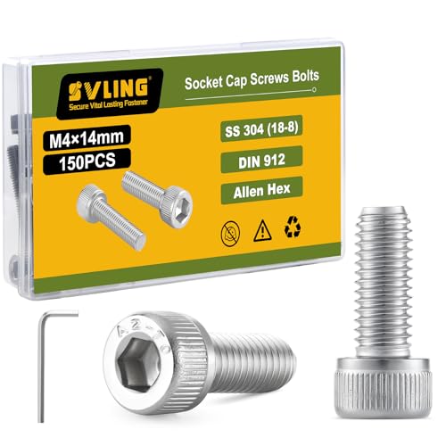 M4-0.7 x 14mm Bolt, 150PCS M4 Hex Socket Head Cap Screws Bolts, 304 Stainless Steel 18-8, Full Threads, Allen Socket Drive, with Hex Spanner - size: M4x14mm
