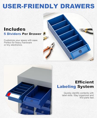 100-Drawer Small Parts Cabinet, Bolt Bins Organizer for Shop, Alloy Steel Frame & ABS Drawers Hardware Storage Cabinet with Label Stickers & Drawer Dividers for Garage Workshop
