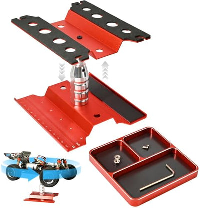 RC Car Work Stand Adjustable Height Lift Lower 360° Rotation Aluminum RC Repair Stand & Small Screw Tray Fit for 1/8 1/10 1/12 1/14 For Traxxa Axial Arrma Redcat RC Crawler Monster Truck Buggy（Red） - color: Red