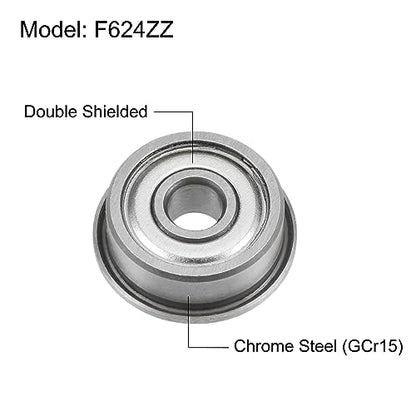 uxcell F624ZZ Flanged Ball Bearing 4x13x5mm Double Shielded Chrome Steel Flange Bearings, 4pcs - size: 4x13x5mm