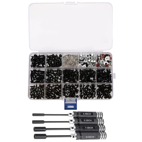 500Pcs Universal RC Screws Kit Repair Tool M3 M4 Screw E Buckle & 4Pcs Hex Nut Key Socket Screw Driver Compatible with HSP Axial SCX10 Traxxas Arrma Losi 1/8 1/10 1/12 RC Cars Trucks Crawler