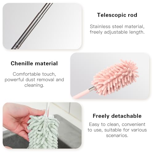 2PCS Car Interior Duster with Extension Pole, Microfiber Retractable Dusters Auto Dash Cleaning Tool, Soft Chenille Hand Washable Dusters for Vehicle Window Office Furniture (Pink) - color: Pink