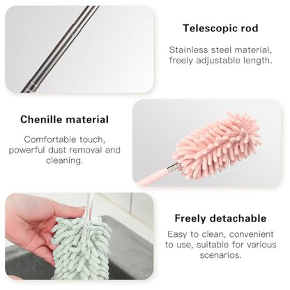 2PCS Car Interior Duster with Extension Pole, Microfiber Retractable Dusters Auto Dash Cleaning Tool, Soft Chenille Hand Washable Dusters for Vehicle Window Office Furniture (Pink) - color: Pink