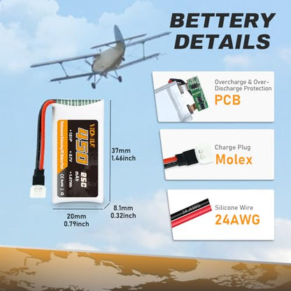 3.7V Lipo Battery 450mAh High Capacity 25C RC Molex Drone Battery with 5-in-1 Charger for SYMA Q11 AT-96 TR-C385 TR-P51 TR-F22 H99W H31 H6C H98 Holy Stone HS170G HS170 HS170C HS230 Quadcopter