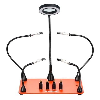 VEVOR Magnetic Helping Hands Soldering Station, 4 Flexible Arms Third Hand Soldering Tool, with 3X LED Magnifying Lamp, 4 PCB Pillar Holder & Heavy-Duty Base, Electronic Repair Craft Hobby DIY - style: 11*7in Large Base Helping Hands Kit