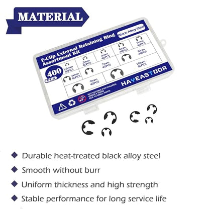 400PCS 10 Size E-Clips Assortment Kit Black Alloy Steel E Clip Circlip External Retaining Ring Washer Includes Sizes 1.5mm-10mm HE002
