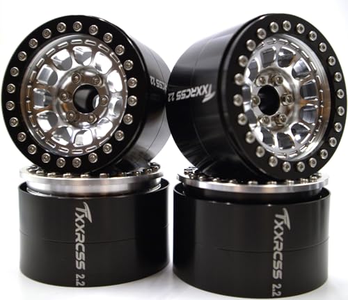 RC 2.2 Aluminum Alloy Beadlock Wheels and Tires Upgrades Accessories Rims for 1/10 SCX10 TRX4RC4WD and D90 RC Crawler Axial Remote Control Car (4pc) (Black Silver) - color: Black Silver