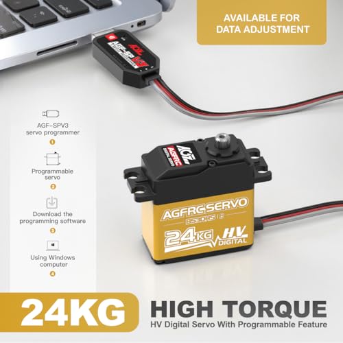 AGFRC 24KG 0.19s Programmable 1/10 Servo (B53DHS) | HV, Titanium Gears, 2BB, AL+Plastic Case, with 25T Metal Horn, for 1/10 RC Cars, Crawlers, Planes, Boats