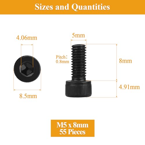 55 Pieces M5 x 8mm Socket Head Cap Screws, Thread Pitch 0.8mm, Sutemribor M5 Black Screws, 12.9 Grade Alloy Steel, Black Oxide Finish, Fully Threaded - size: M5 x 8mm, style: Socket Head
