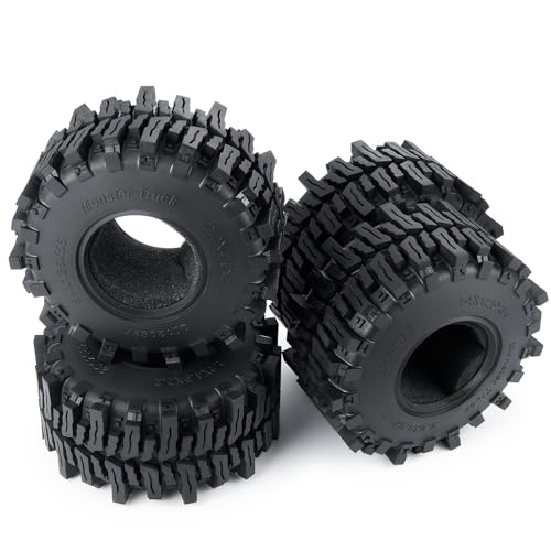 RCHUBAM 4Pcs 2.2" Rubber Wheel Tires for for 1/10 SCX10 AXI03004 AXI03007 | 125*56mm Tires,Deep Claw Tread Mud Terrain Tires with Insert Foam