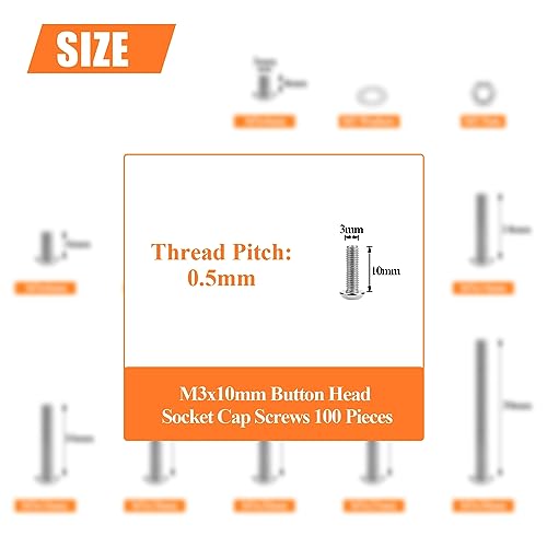 HELIFOUNER 100 Pieces M3 x 10mm, Thread Pitch 0.5mm, 304 Stainless Steel (18-8) Button Head Socket Cap Screws, Fully Threaded - size: M3 x 10mm