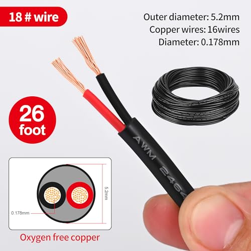 18 Gauge Wire 2 Conductor,18 AWG Electrical Wire Stranded PVC Cord Oxygen-Free Copper Cable,26FT 2 Core Pure Copper Flexible Cable Wire for LED Lamp Lighting Strips Automotive (18AWG-2C, 26FT)… - size: 26FT, style: 18AWG-2C