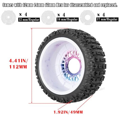 RC Wheels Tires Truck Tires 12mm/14mm/17mm Hex for 1/10 Slash 4×4 4WD 2WD/Axia1/Arrm a Senton/Redca t/Rc4w d,w/RC Wheels Hex Detachable Replace Running on Off-Road Tires,Colorful - color: Colorful- (Wheel Tires)
