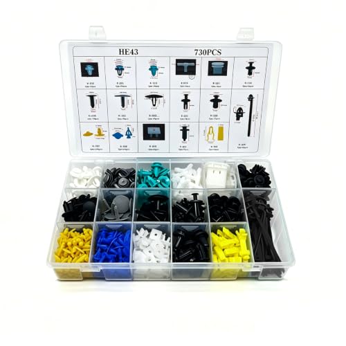 730 PCS Car Body Retainer Clips, 17 Sizes Rivets Fasteners Push Type Retainer Kit, Fenders Screws Door Trim Panel Clips Assortment, Universal Car Accessories with Storage Box (Multicolored)