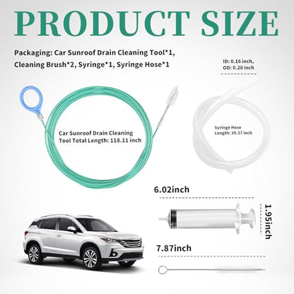 118" Auto Sunroof Drain Cleaning Tool Kit,Flexible Sun Roof Drain Cleaning Tool Kit Includes Brush,Syringe,Hose,Multi-Function Car Sunroof Drains Cleaner Tools Automotive Tools