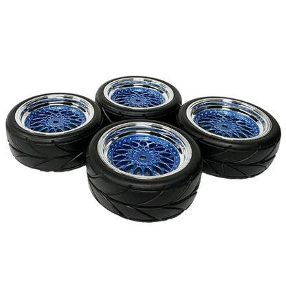 4PCS 64mm RC On Road Rubber Tires and Plastic Plating Wheel Rims Set Replacement Part for 1/10 RC Run-flating Touring Racing Drift Car Tyre(Blue Silver,Offset:9mm) - color: Blue Silver, size: Offset:9mm