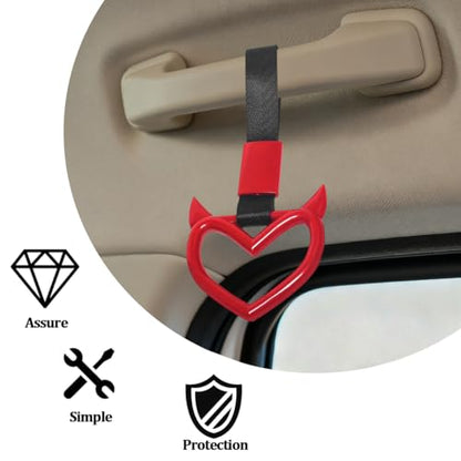2PCS Car Devil Heart Handle Ring, Cute Heart-Shaped Vehicle Rear Bumper Waring Loops, Automotive Grab Handle Strap Drift Charm Decoration, Universal Fit (Red/Black) - color: Red/Black