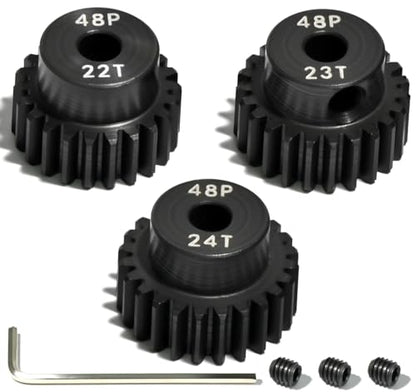 3PCS 48P Pinion Gear Set Hardened Steel 3.175mm Shaft 22T 23T 24T with Screws & Hex for 1/10 RC Arrma Traxxas HPI Kyosho Losi Axial SCX10 Tamiya Monster Truck Buggy Motor Upgrade Parts - size: 22 23 24T