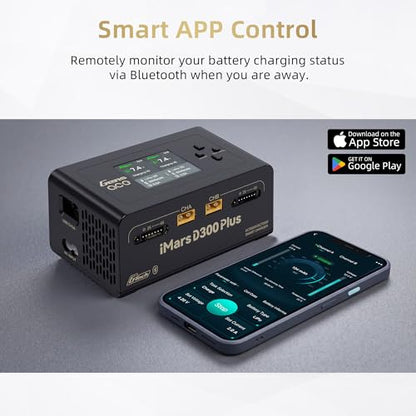 Gens ace iMars D300 Plus Dual Channel 1-6S Smart LiPo Battery Charger | 300W AC/700W (350W*2) 16A DC Balance Charger, Bluetooth App Setting for 1-6S Lipo/Li-ion/LiHV/Life/NiMH BatteryCharging Black
