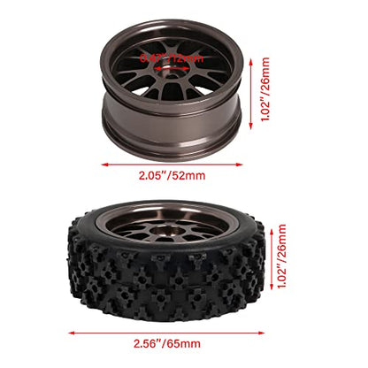 Mxfans Black Flower Pattern Aluminum Alloy Y-Shaped Wheel Titanium Color + Rally tire Skin 65MM Suitable for RC 1:10 Road Racing 4-Piece Set